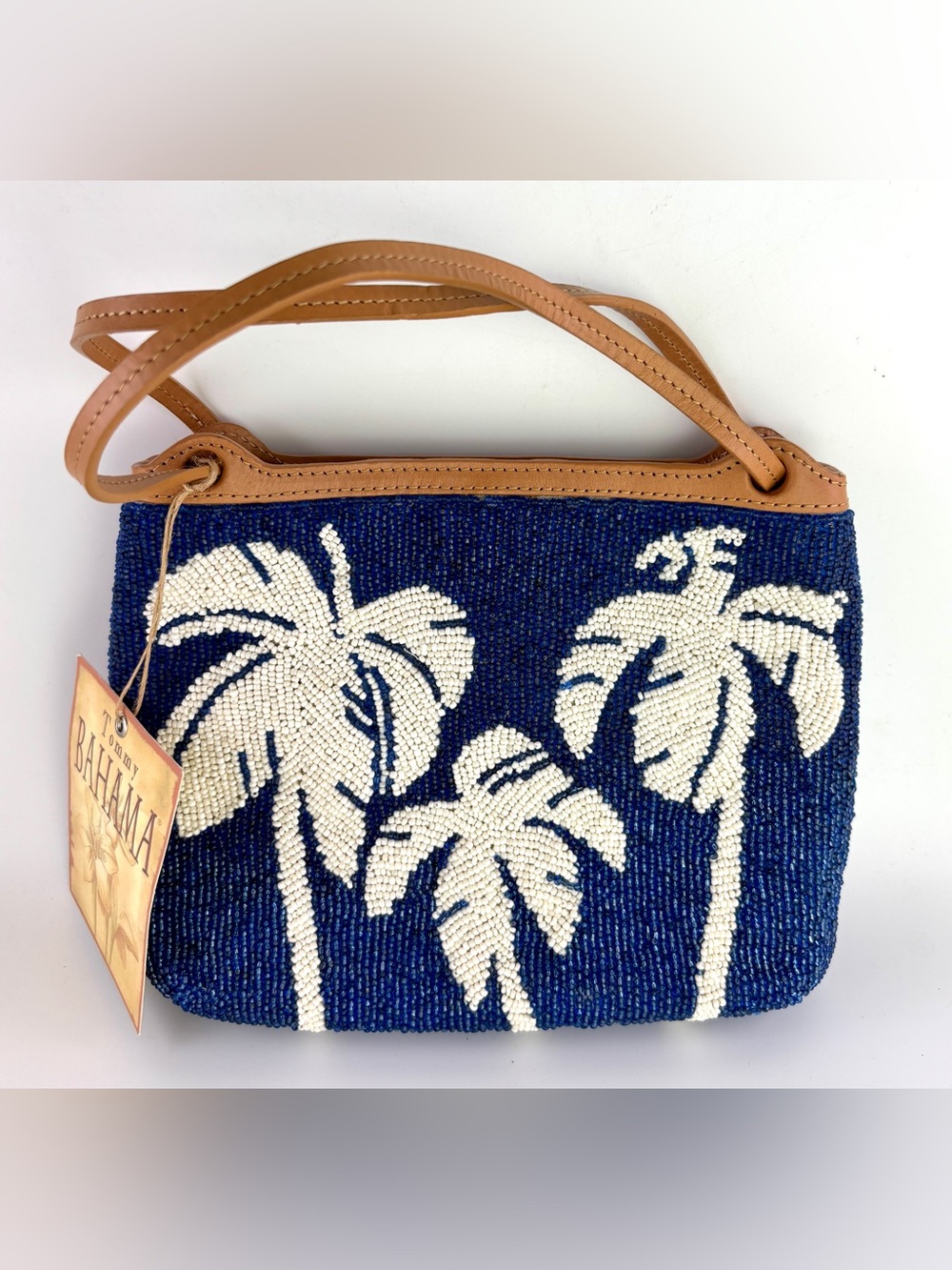 Vintage Tommy Bahama Small Blue White Beaded Handbag Purse Palm Trees NWT